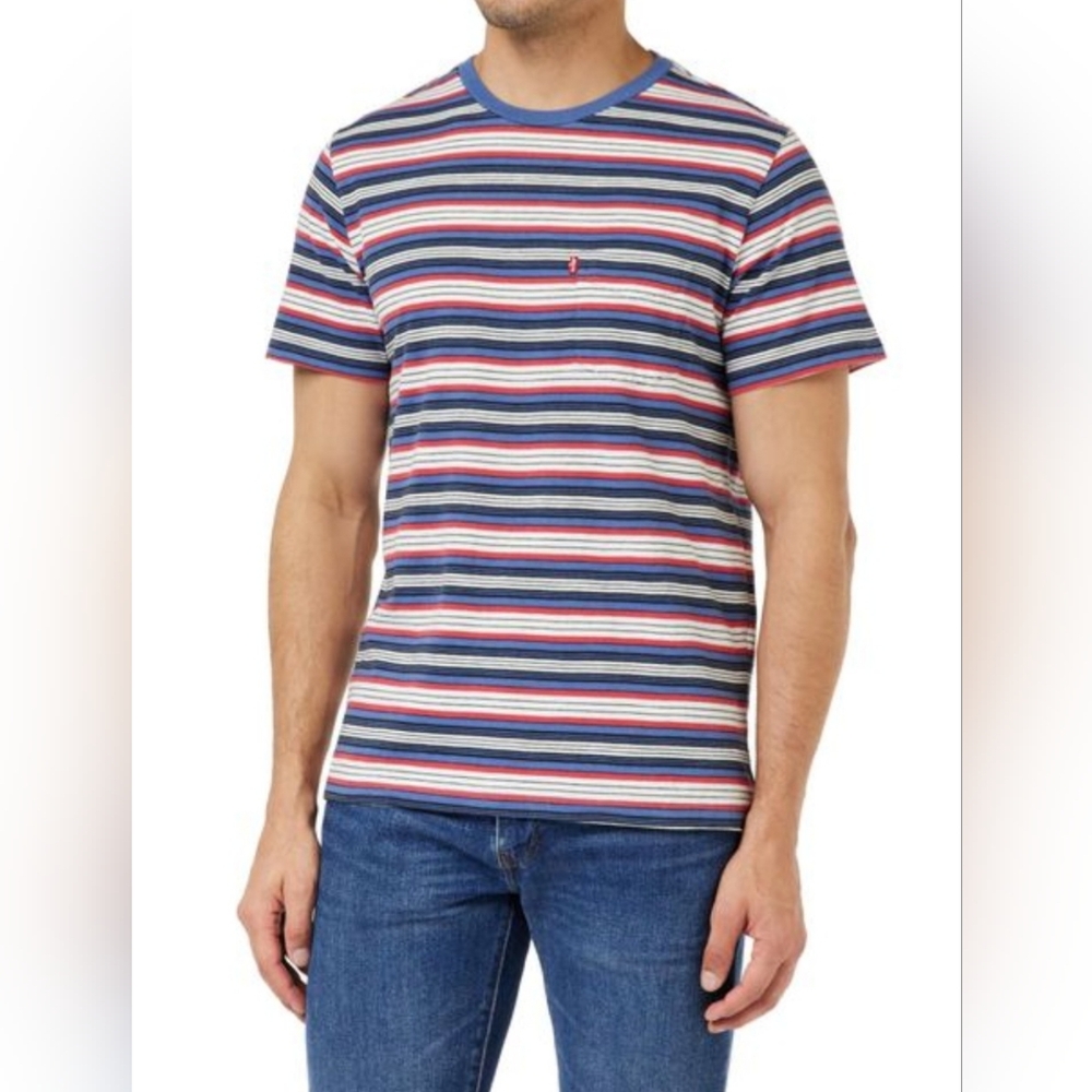 Men’s Levi’s Classic Pocket Striped Blue Red T-shirt - Size XL - Picture 3 of 17